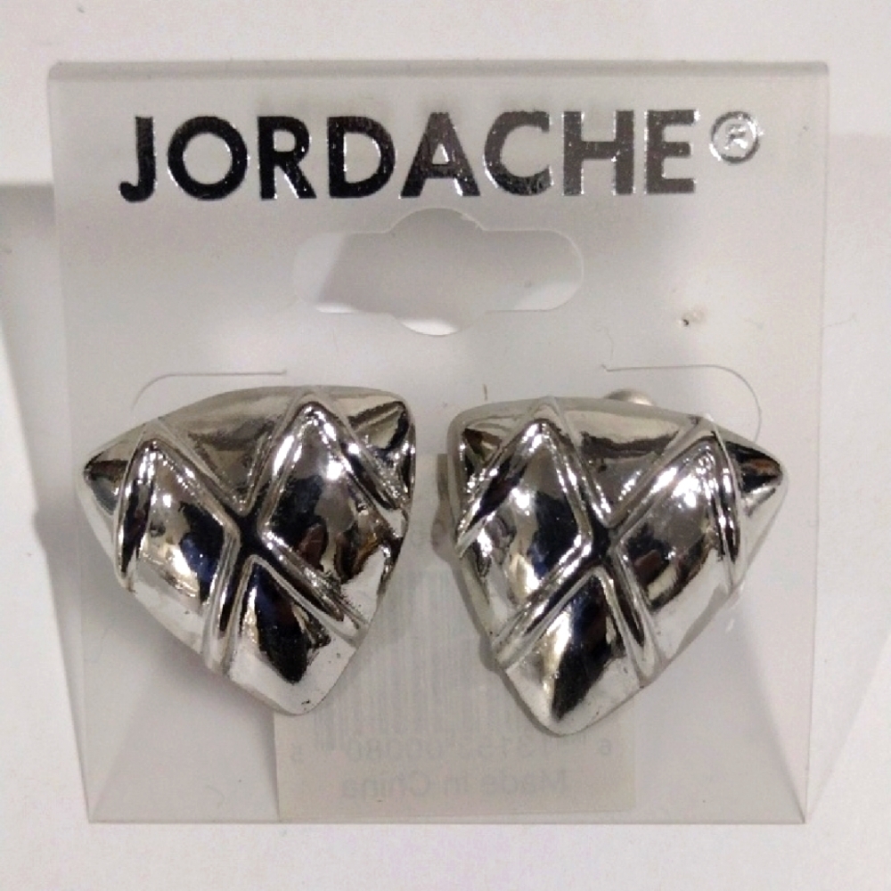 ✨  Jordache Silver tone Quilted Triangle Shape Post Earrings - Bold & Elegant - Picture 2 of 7